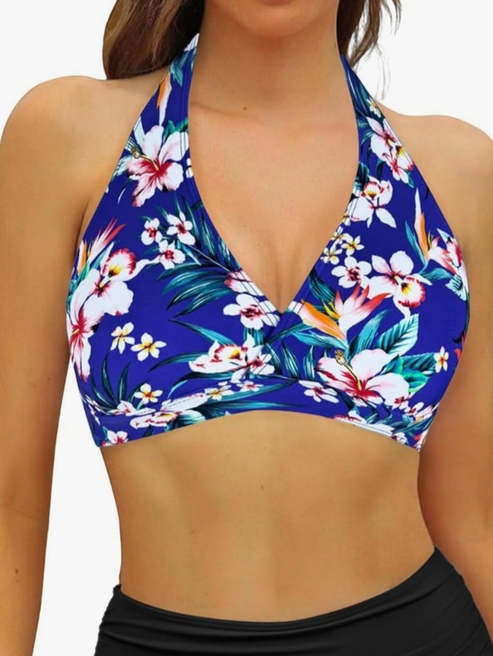 Women’s Tropical Floral Halter Bikini Top XL Blue Push‎ Up Padded Swim Top NWT